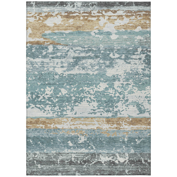 5' X 8' Teal Blue Ivory And Khaki Striped Washable Indoor Outdoor Area Rug