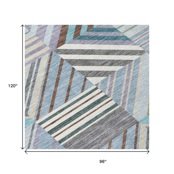 8' X 10' Teal Blue Lavender And Ivory Patchwork Washable Indoor Outdoor Area Rug