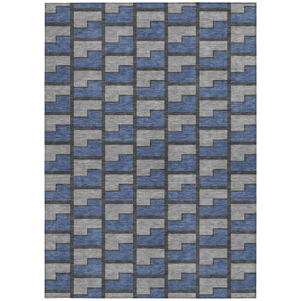 8' X 10' Navy Blue Gray And Charcoal Geometric Washable Indoor Outdoor Area Rug