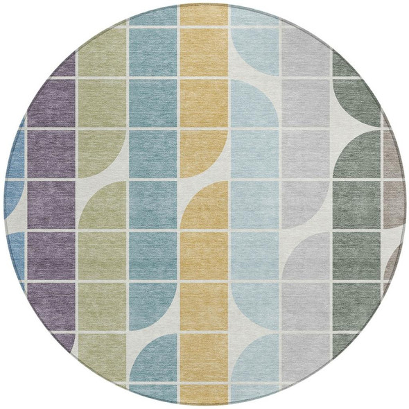 8' Pale Aqua Purple Gray And Copper Round Geometric Washable Indoor Outdoor Area Rug