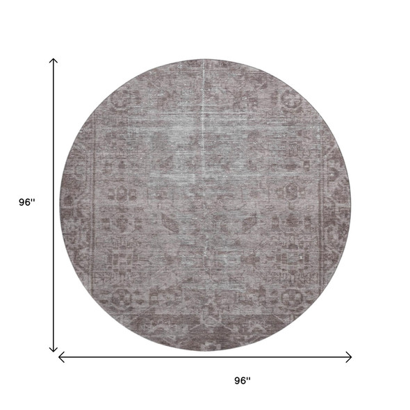 8' X 8' Coffee And Silver Oriental Washable Round Rug With UV Protection