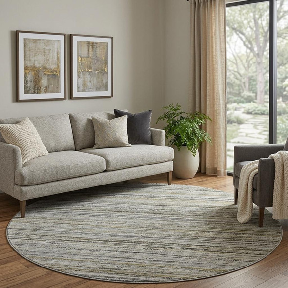 8' X 8' Pewter Silver And Gray Striped Washable Round Rug With UV Protection