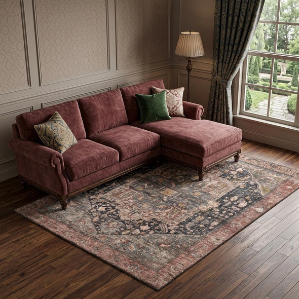 9' X 12' Charcoal Gold And Rust Oriental Washable Area Rug With UV Protection
