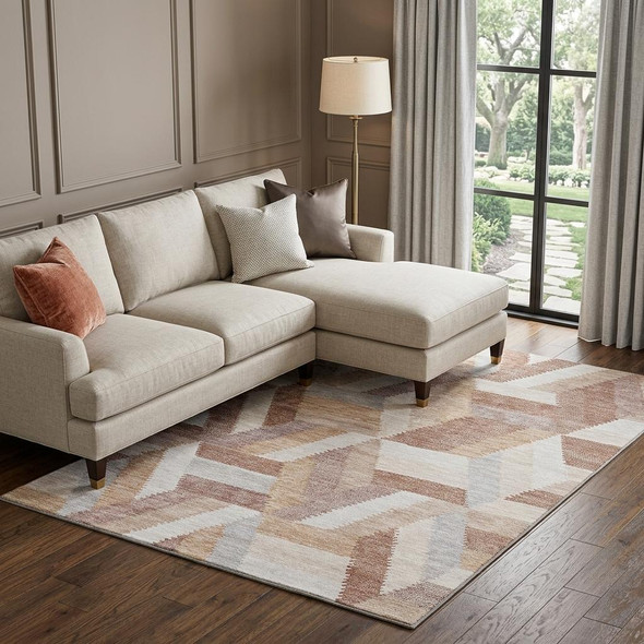 9' X 12' Copper Ivory And Gray Geometric Washable Area Rug With UV Protection