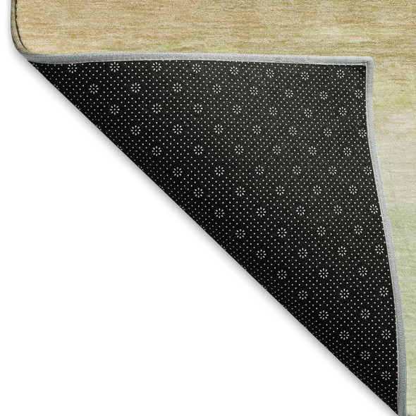 9' X 12' Artichoke Green Ivory And Beige Striped Washable Area Rug With UV Protection