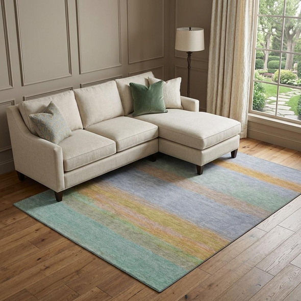 9' X 12' Lavender Orange And Teal Striped Washable Area Rug With UV Protection