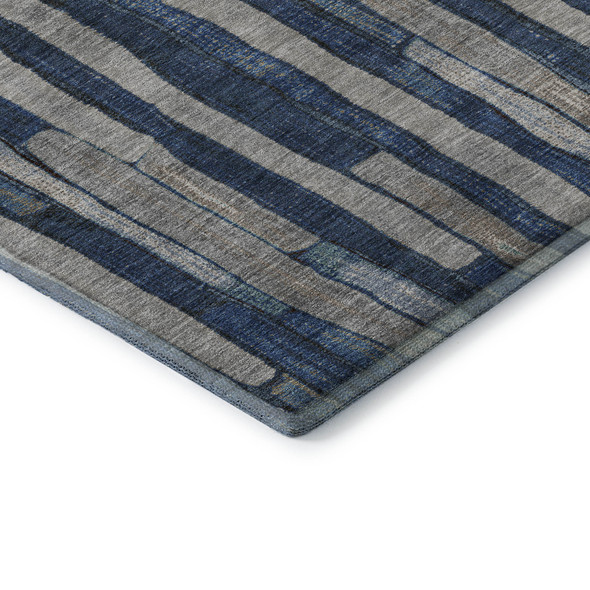 8' X 8' Navy Blue And Gray Striped Washable Round Rug With UV Protection
