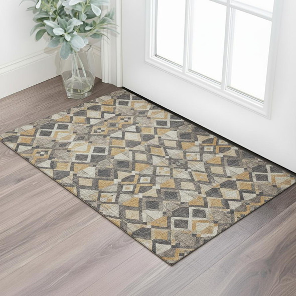 3' X 5' Wheat Charcoal And Ivory Geometric Washable Area Rug With UV Protection
