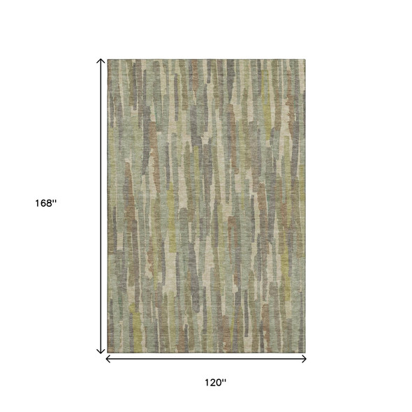 10' X 14' Artichoke Green Copper And Beige Striped Washable Area Rug With UV Protection