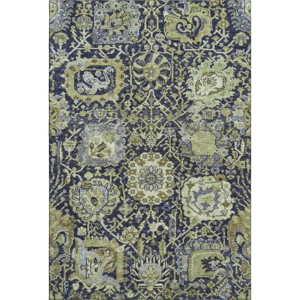 9' X 12' Fern Green Navy Blue And Ivory Damask Washable Area Rug With UV Protection