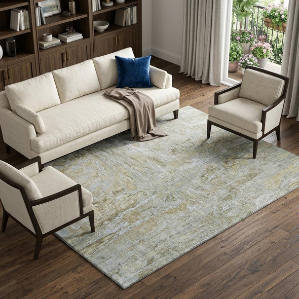 8' Khaki And Silver Abstract Washable Area Rug With UV Protection