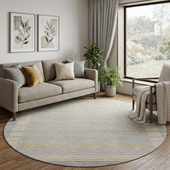 8' X 8' Gray Gold And Silver Striped Washable Round Rug With UV Protection