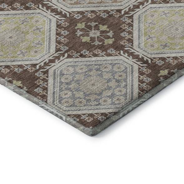 9' X 12' Chocolate Beige And Blue Floral Washable Area Rug With UV Protection