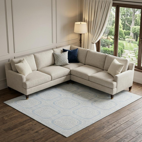 9' X 12' Sky Blue And Ivory Geometric Washable Area Rug With UV Protection