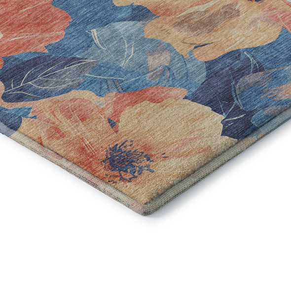 9' X 12' Peach And Blue Floral Washable Area Rug With UV Protection