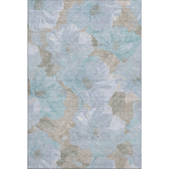 3' X 5' Sky Blue And Taupe Floral Washable Area Rug With UV Protection