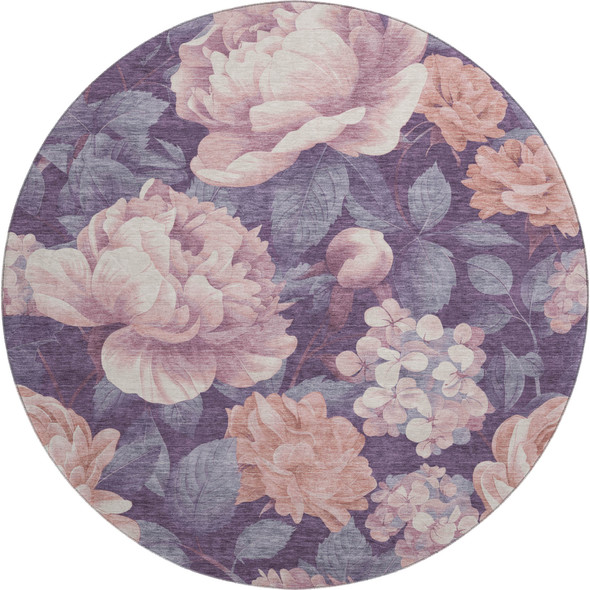 8' X 8' Salmon Gray And Ivory Floral Washable Round Rug With UV Protection