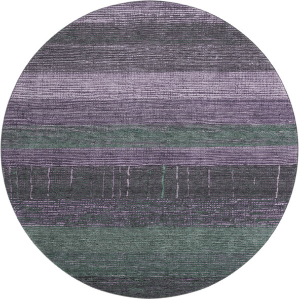 8' X 8' Purple And Olive Green Striped Washable Round Rug With UV Protection