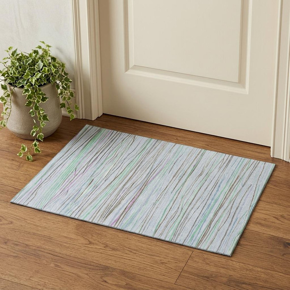 3' X 5' Sky Blue Green And Purple Striped Washable Area Rug With UV Protection