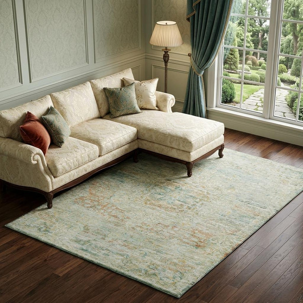 10' X 14' Sage Blue And Copper Floral Medallion Washable Area Rug With UV Protection