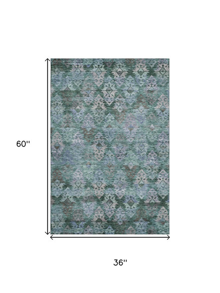 3' X 5' Emerald Teal And Gray Ikat Washable Area Rug With UV Protection