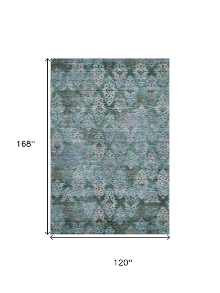 10' X 14' Emerald Teal And Gray Ikat Washable Area Rug With UV Protection