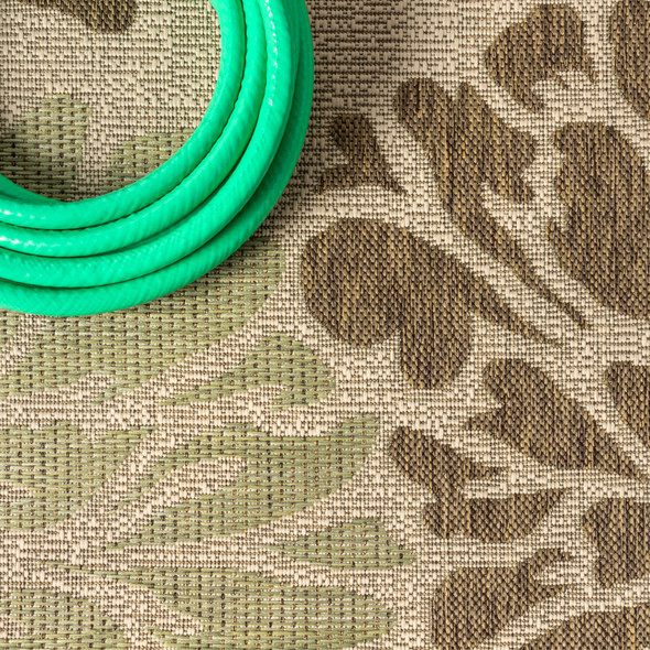 9' Sage And Brown Square Floral Indoor Outdoor Area Rug