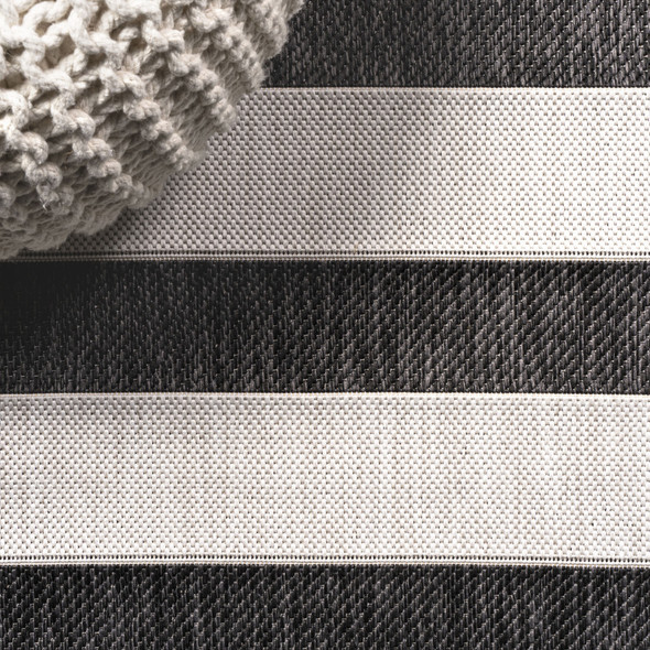 9' Black And Cream Square Striped Indoor Outdoor Area Rug