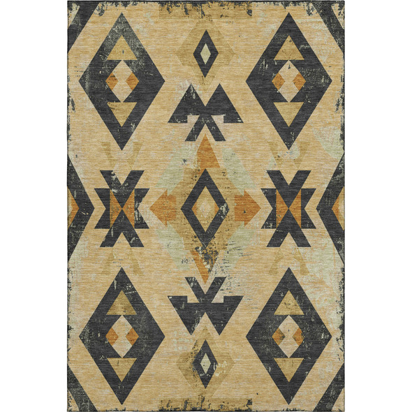 3' X 5' Gold And Charcoal Southwestern Washable Area Rug With UV Protection