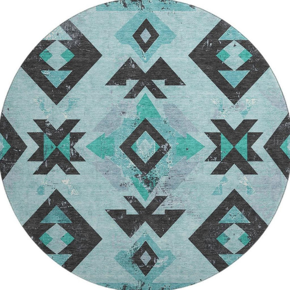 8' Teal And Charcoal Southwestern Washable Round Rug With UV Protection