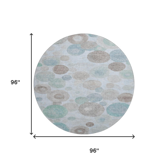 8' Sky Blue Beige And Brown Geometric Washable Round Rug With UV Protection