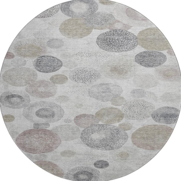 8' Taupe Gray And Ivory Geometric Washable Round Rug With UV Protection