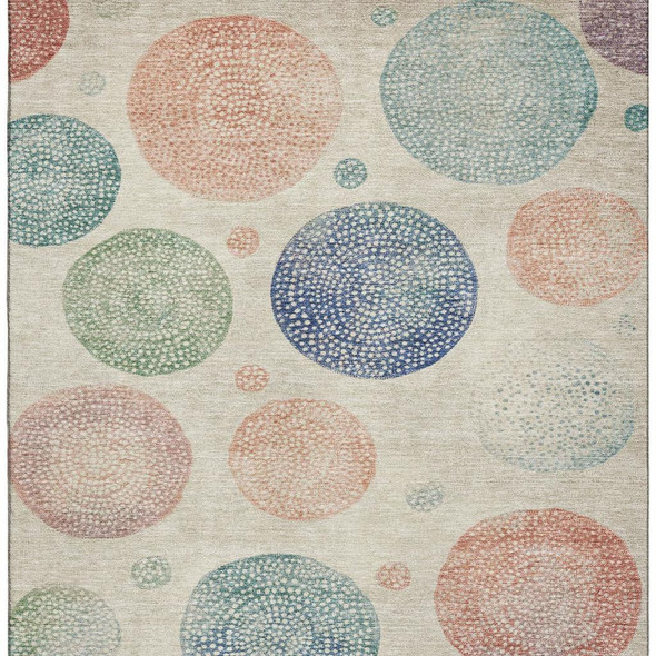 5' X 8' Ivory Blue And Peach Geometric Washable Area Rug With UV Protection