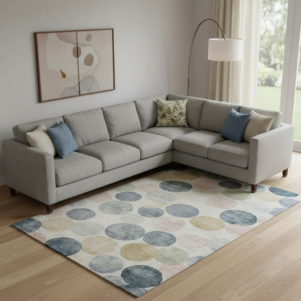 10' X 14' Beige Blue And Wheat Geometric Washable Area Rug With UV Protection