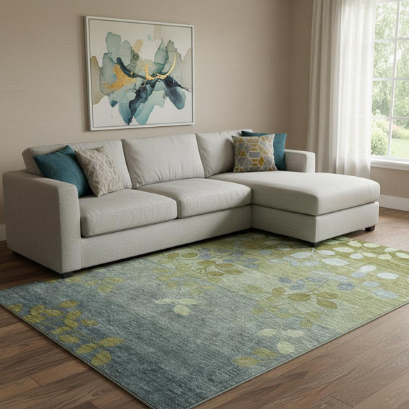 8' X 10' Olive Green And Gray Floral Washable Area Rug With UV Protection