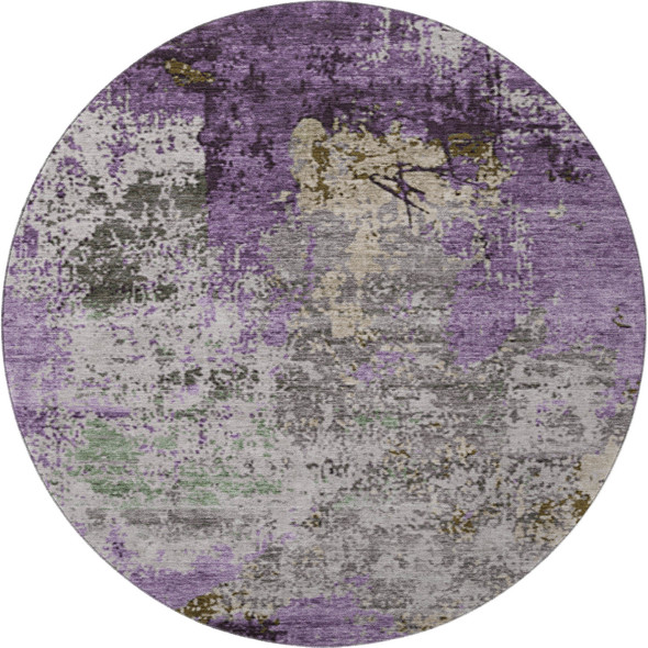 8' Lavender Gray And Ivory Abstract Washable Round Rug With UV Protection