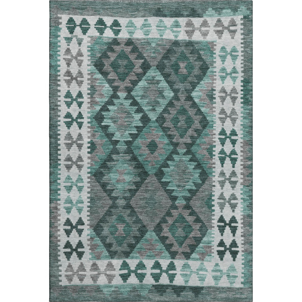 5' X 8' Pale Aqua And Ivory Tribal Washable Area Rug With UV Protection