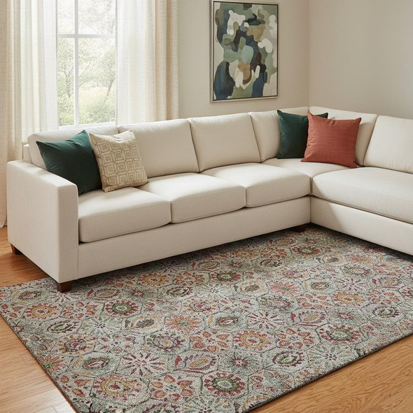 8' X 10' Rust Gray And Silver Floral Washable Area Rug With UV Protection