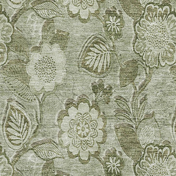 5' X 8' Artichoke Green And Fern Green Floral Washable Area Rug With UV Protection