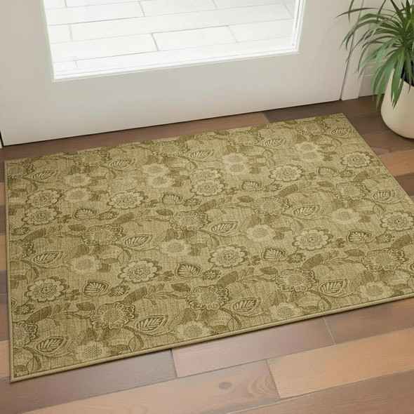 3' X 5' Coffee And Beige Floral Washable Area Rug With UV Protection