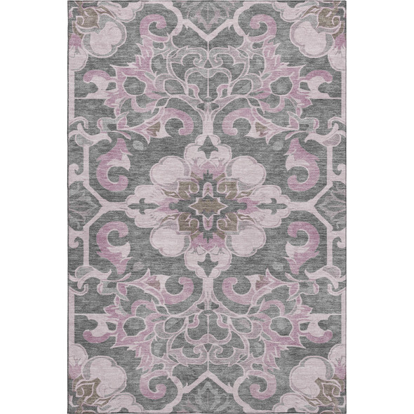 5' X 8' Pink Ivory And Gray Floral Medallion Washable Area Rug With UV Protection