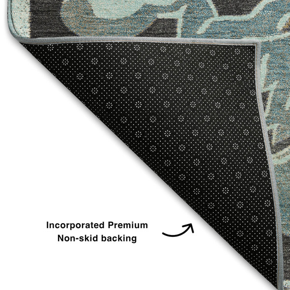 3' X 5' Teal Charcoal And Gray Floral Medallion Washable Area Rug With UV Protection