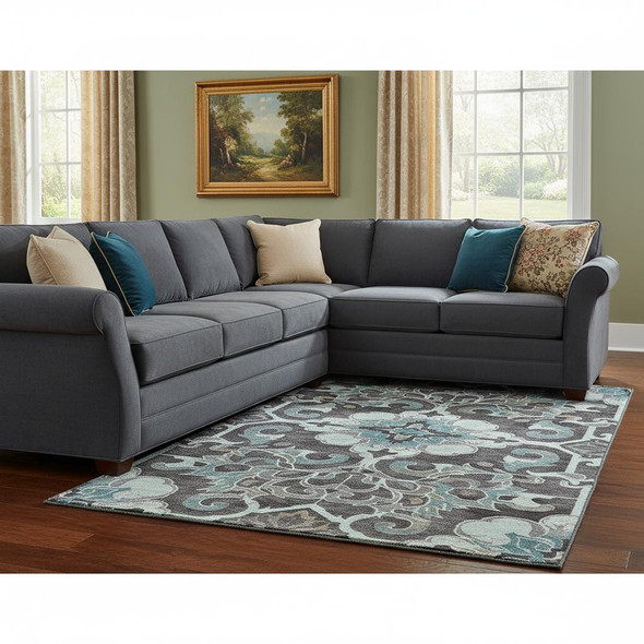 8' X 10' Teal Charcoal And Gray Floral Medallion Washable Area Rug With UV Protection