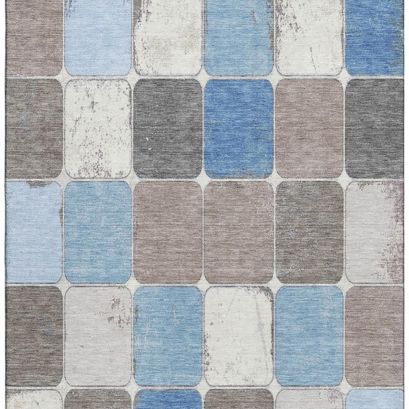 9' X 12' Blue Ivory And Taupe Geometric Washable Area Rug With UV Protection