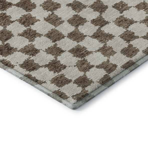 8' Brown And Ivory Geometric Washable Round Rug With UV Protection