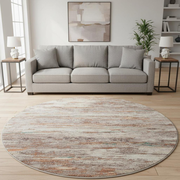 8' Terra Cotta Beige And Teal Abstract Washable Round Rug With UV Protection