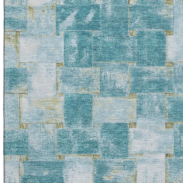 3' X 5' Teal And Khaki Striped Washable Area Rug With UV Protection