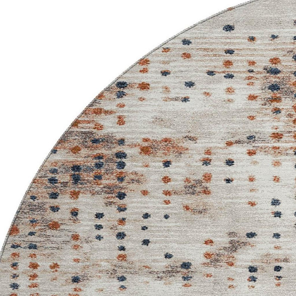 8' Linen And Blue Geometric Washable Round Rug With UV Protection