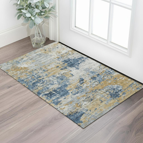 3' X 5' Khaki And Beige Geometric Washable Area Rug With UV Protection