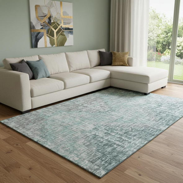 8' X 10' Teal And Gray Geometric Washable Area Rug With UV Protection